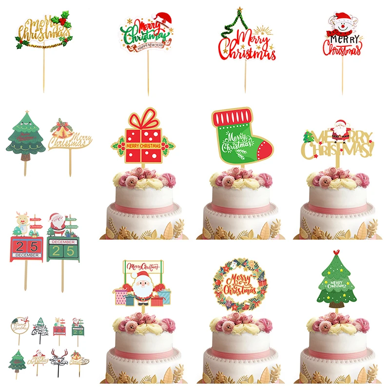 

Acrylic Christmas Flags Cake Topper Collection Gold Xmas Theme Snowflake Glitter Picks Decorations Cake Santa Claus Plug-in