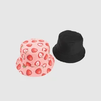 strawberry printing bucket hat cotton double sided pink panama for girls cartoon hats sunshade fisherman cap fashion style