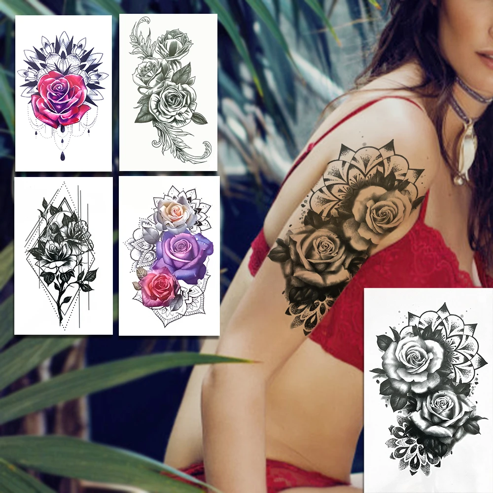 Роза Мандала временные тату хной для женщин девушек Геометрическая Лилия