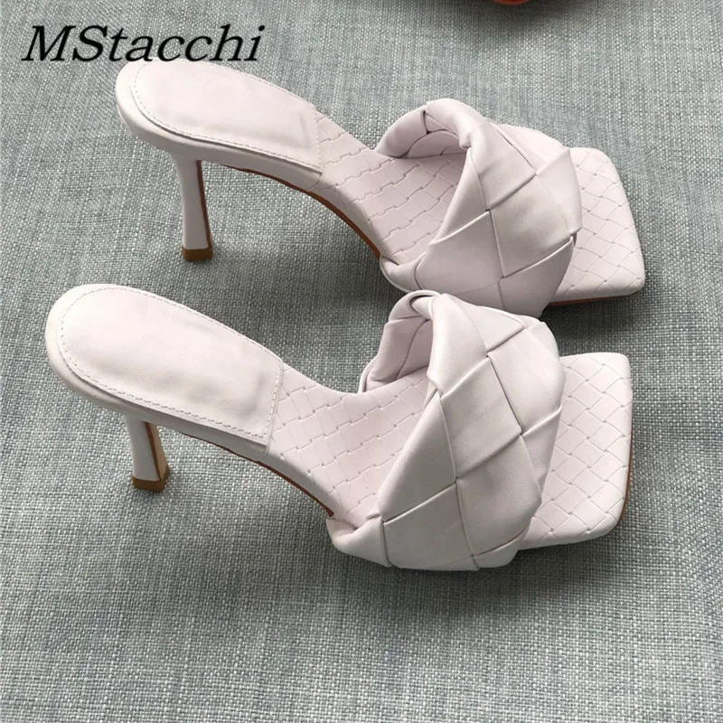 Женские тканые тапочки с квадратным носом босоножки без задника на высоком