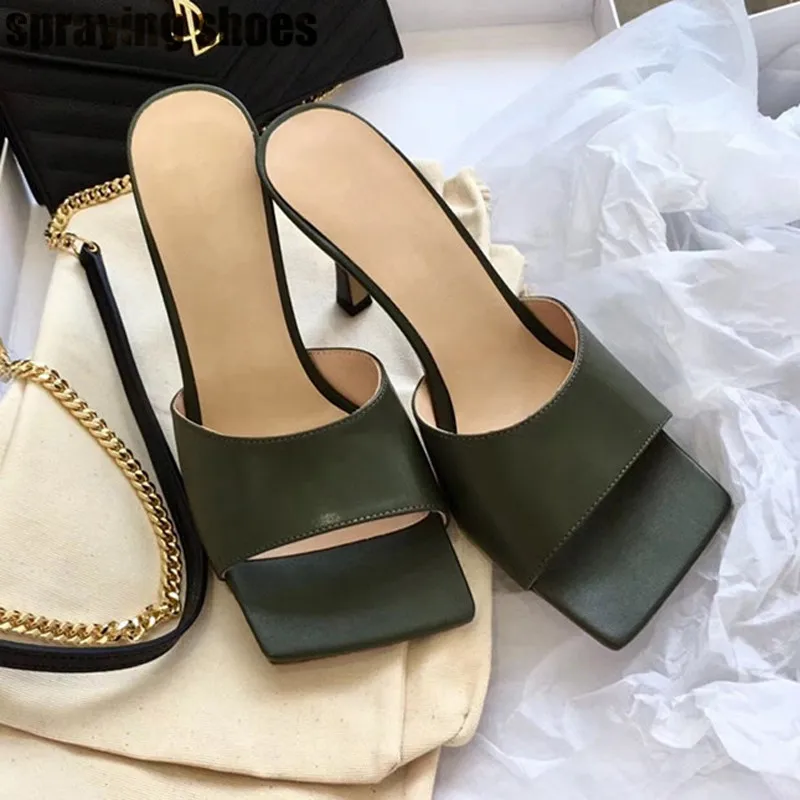 Genuine Leather Стильные женские шлепанцы с квадратным носком; Летние кожаные босоножки; пикантные шлепанцы на высоком каблуке; Женская обувь в римском стиле - Цвет: Genuine Leather