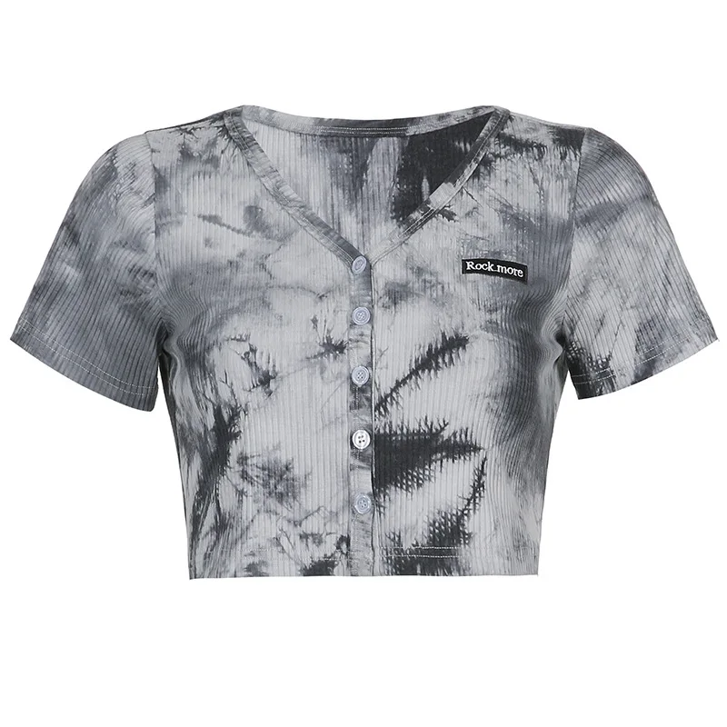 

201 summer new women's V-neck tie-dyed irregular short cardigan breasted navel short-sleeved T-shirt