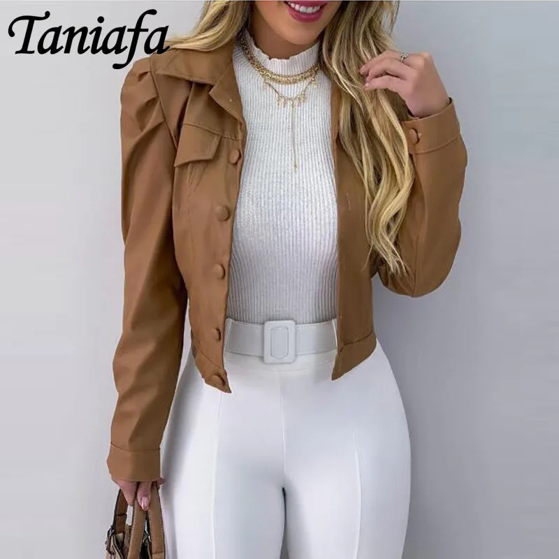 Модное короткое пальто из искусственной кожи женское модное с отложным