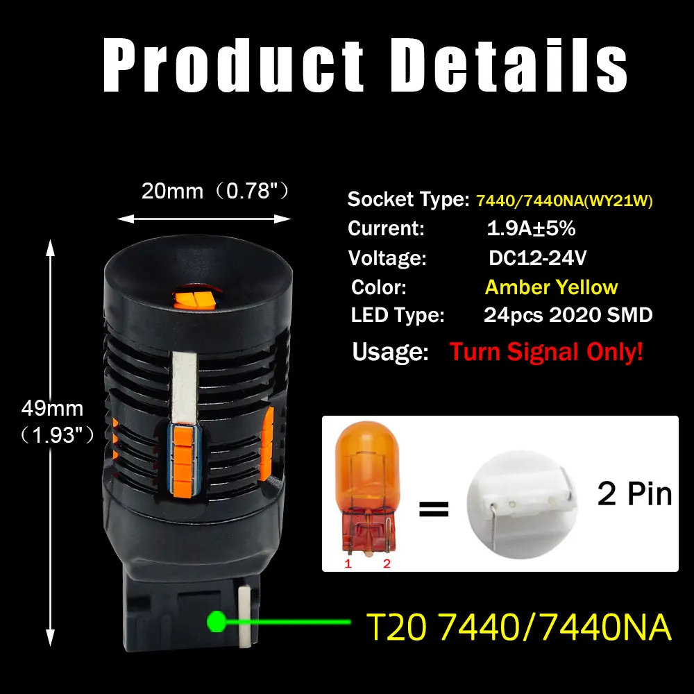 VANSSI 2 шт. светодиодный 20 7440NA WY21W светодиодные лампы янтарно-желтого цвета без