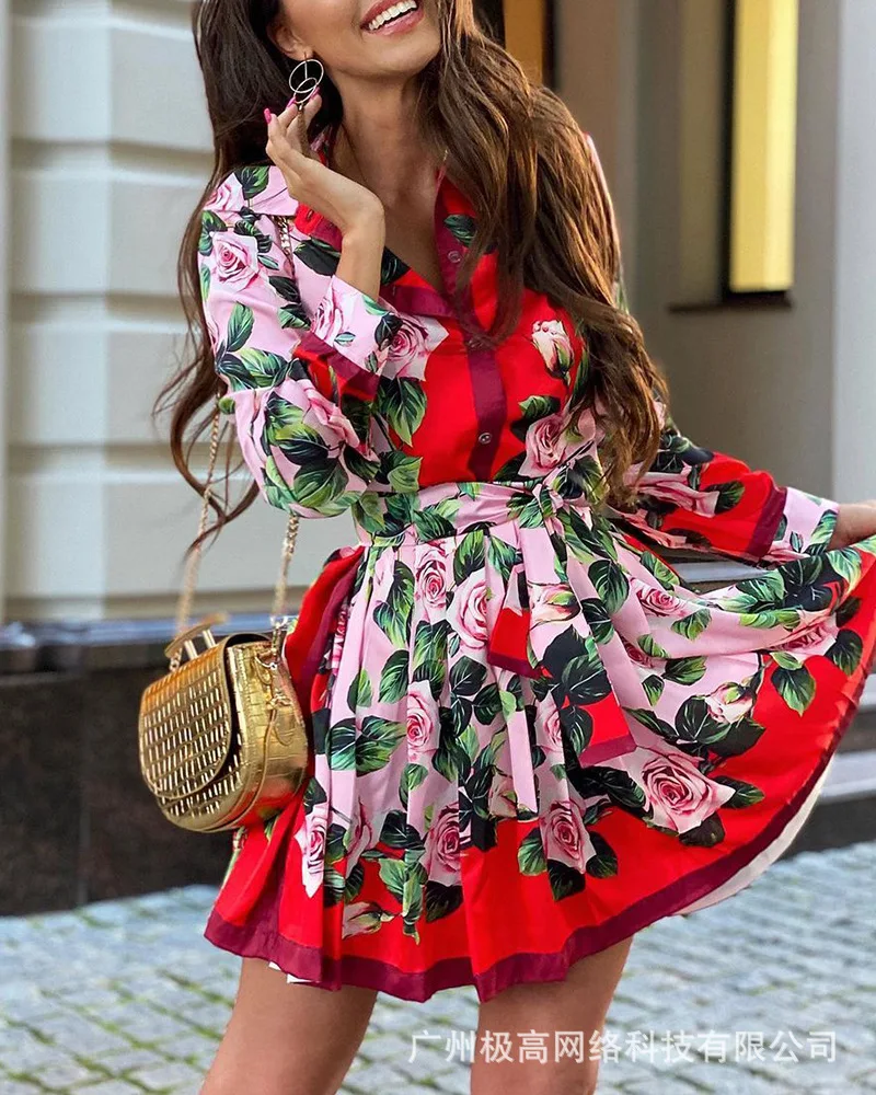 

Women's 2021 Floral Long Sleeve Waist Waist Shirt Dress-Positioning Print-Belted