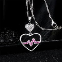 electrocardiogram love heart diamantes pendant necklace for women girls red crystal white rose gold necklace chain jewelry