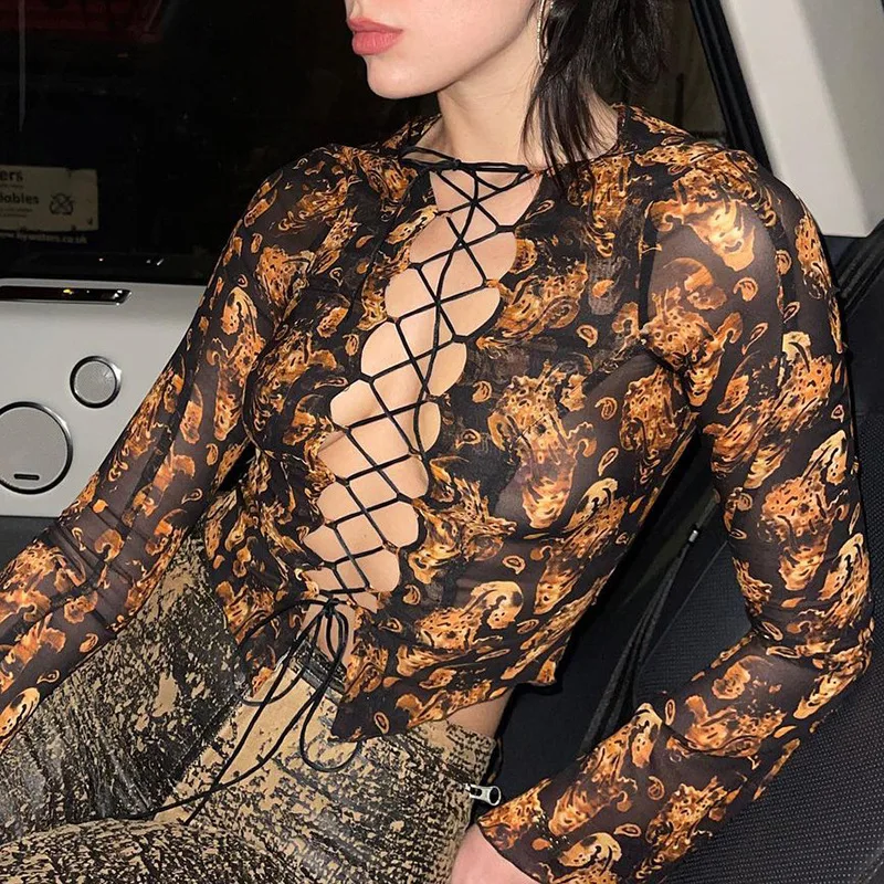

Retro Print Sexy Cross-lace Hollow Slim-fit Mesh T-shirt Women's Autumn New Y2k Bottoming Shirt Top Punk Clothes Gothic