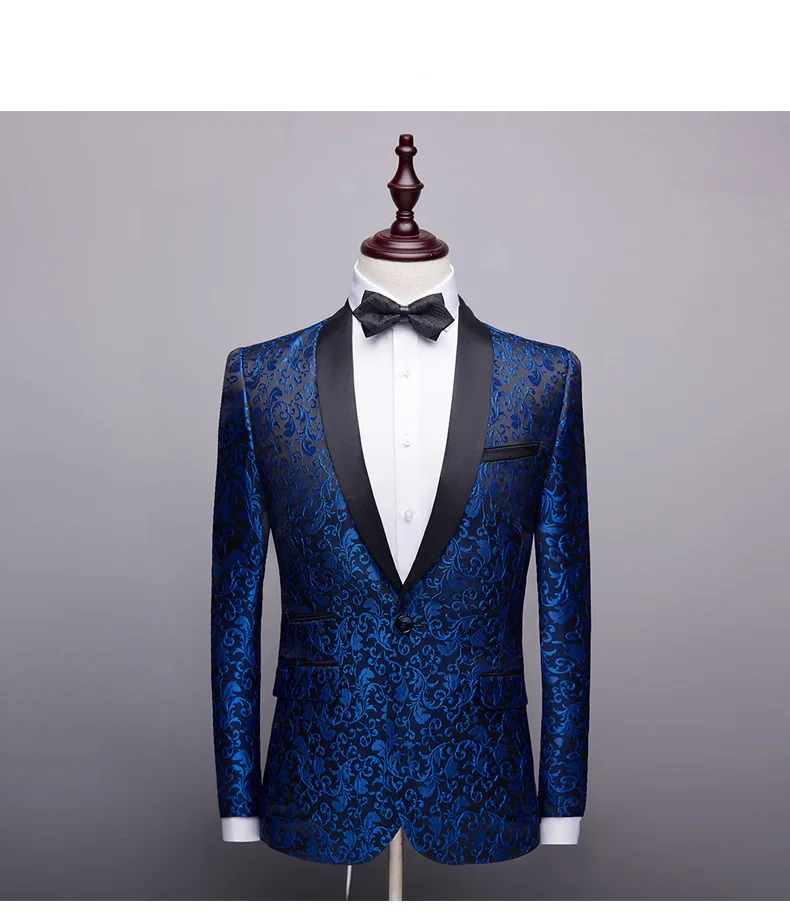 

Мужской облегающий жаккардовый костюм, повседневный сценический костюм с зеленым фруктовым воротником и цветочным принтом, жаккардовые ко...