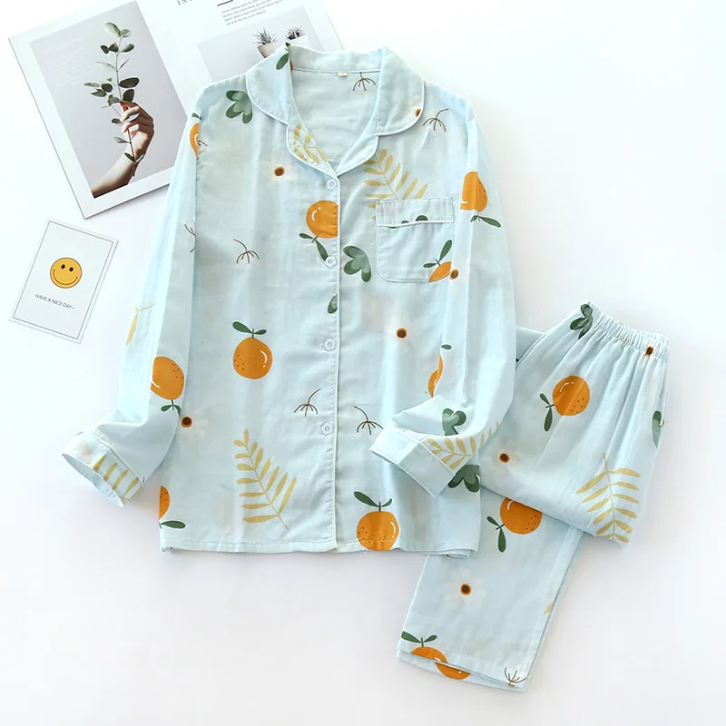 

Ladies Pajamas Set 100% Gauze Cotton Cartoon Dog Printed Pyjamas Women 2Pcs Turn-down Neck Shirt+Pants Comfort Nature Sleepwear