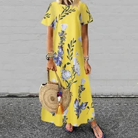 2021 bohemian dress women short sleeve floral printed long maxi sundress o neck casual loose party beach robe