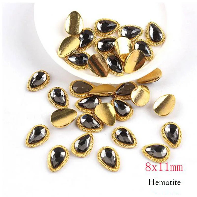 Hematite 9x15 мм Ромб/Капля воды сплав Металлические Стразы для ногтей драгоценные камни Кристаллы/AB алмаз золото нижняя плоская задняя страз камень 3D гвозди - Цвет: Hematite