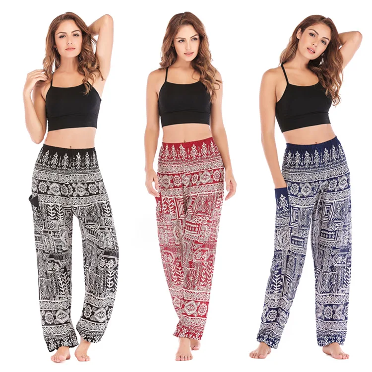 

Bohemia Breathable Loose Pants Women Elastici Waist Harem Pants Woman Thailand Geometric Print Pocket Casual Pantalones De Mujer