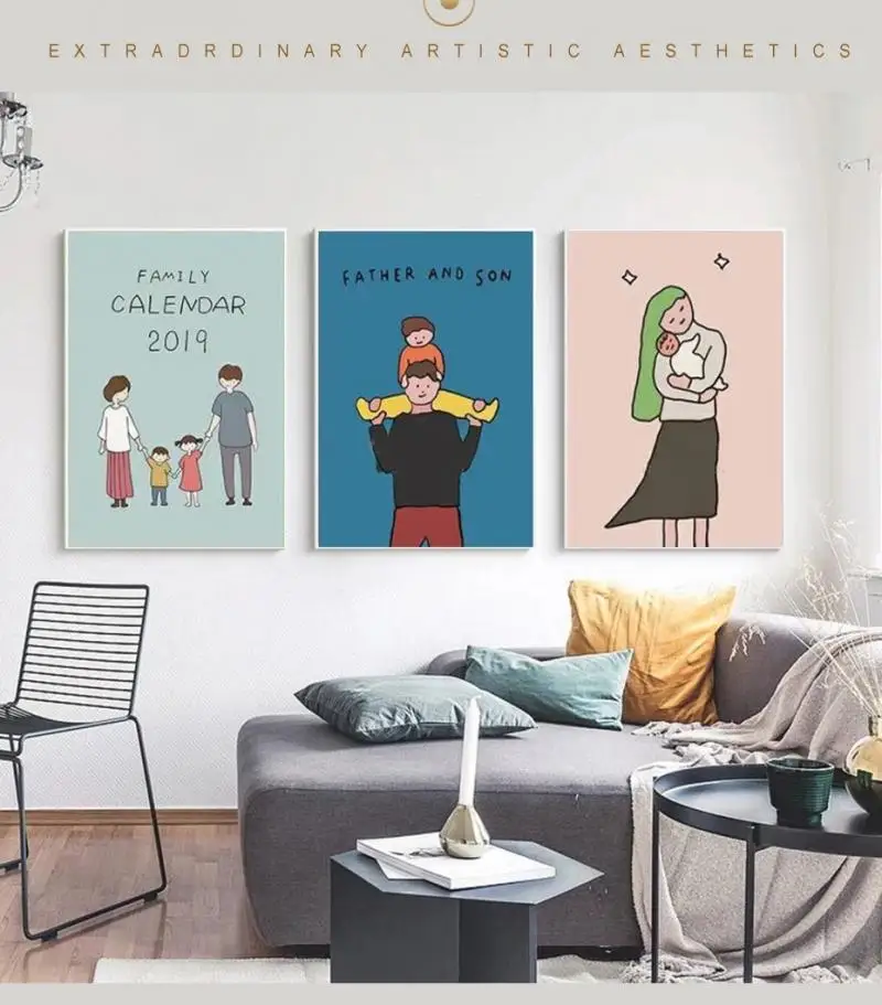 

Happy family cartoon daily record wall painting father and mother love canvas waterproof ink printing frameless poster