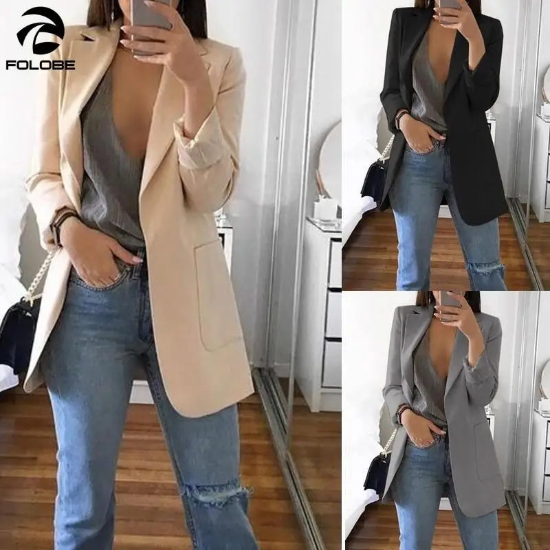 

FOLOBE 2020 весна осень сплошные блейзеры для женщин с длинным рукавом офисная одежда пальто однотонная открытая стежка Женская Повседневная Ве...