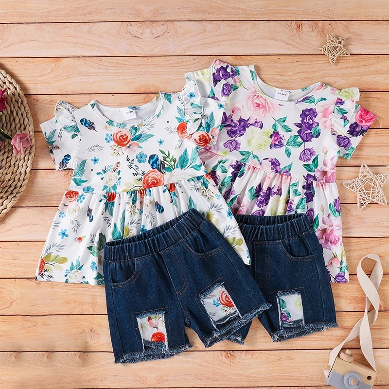 

Baywell INS Girls Sets Summer Floral Children Short Sleeve T-shirt Shorts 2PCS Kids Suit 2-6T Children Clothes