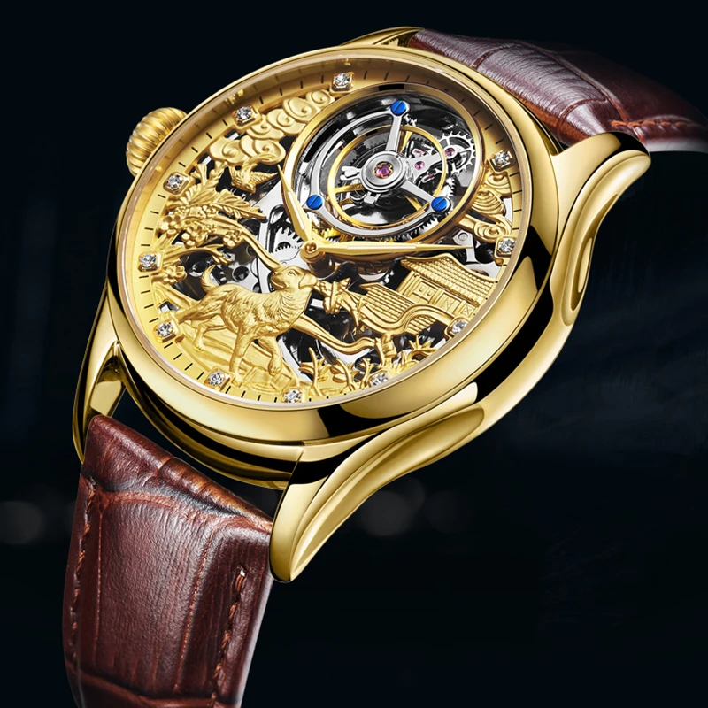 

AESOP 100% настоящие мужские механические часы-скелетоны с турбийоном сапфировые часы для мужчин Роскошные Повседневные Классические мужские ...