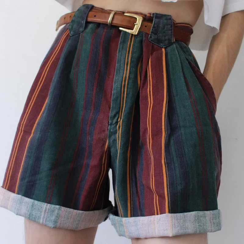 

2021Â SummerÂ VintageÂ Stripe Print RetroÂ ShortsÂ HighÂ StreetÂ ColorfulÂ LooseÂ ShortÂ Pants StreetwearÂ New Casual WomenÂ Trousers