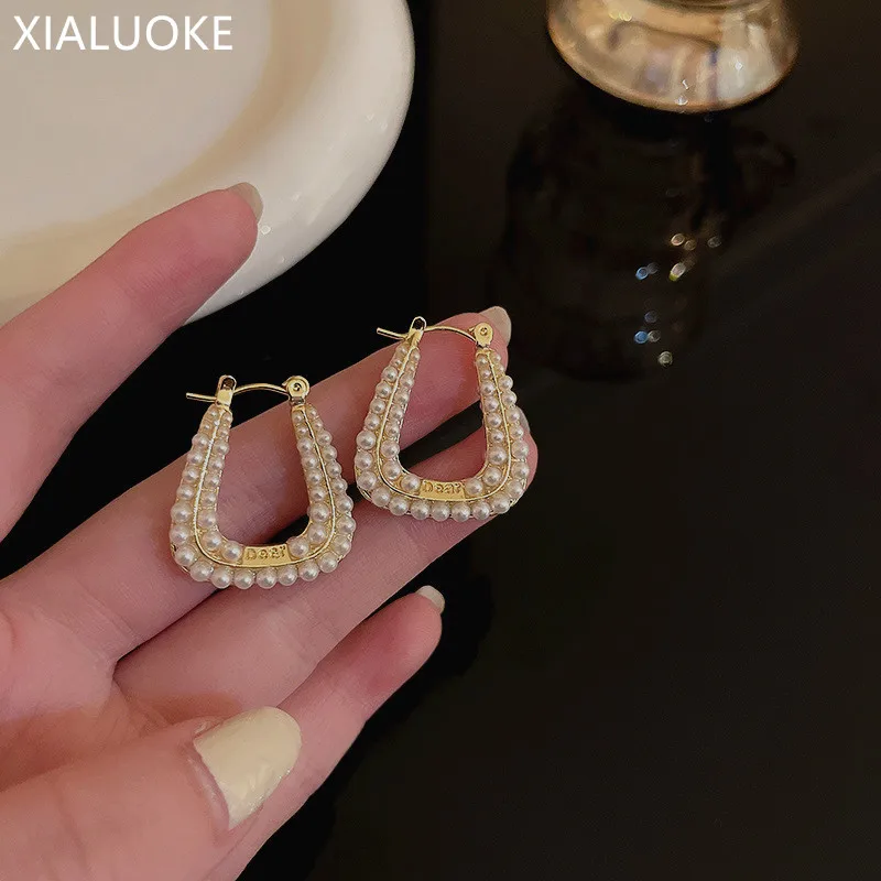 

XIALUOKE модные жемчужные серьги-кольца для женщин Серьги Геометрические металлические u-образные серьги-кольца тренд Свадебная вечеринка юве...
