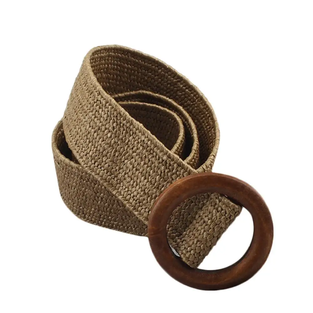 

Vintage Boho Braided Waist Belt Round Wooden Buckle Belts for Women Smooth Round Buckle Wide Belt Woven Straw Female Belt