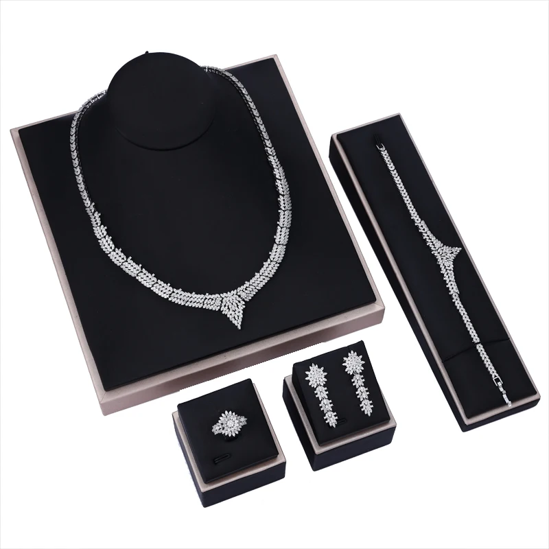 

Brilliant Cubic Zirconia Wedding Jewelry Sets For Women Bridal 4 pcs Earring Necklace Set Promotion Factory