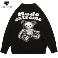 aolamegs men sweater furry bear letter knitted sweater pullover japanese style oversized jumper 2021 autumn mens streetwear