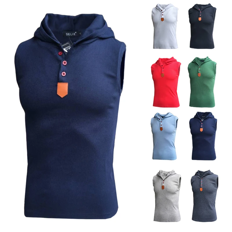 

foreign trade new hooded leisure Pullover vest 2021 Men's sleeveless T-shirts fashion loose hoodie cotton sports muscle guys