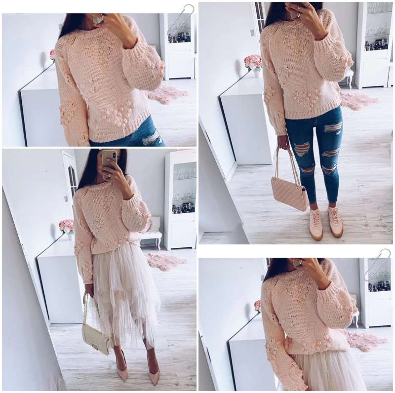 Simplee Pink hairball autumn winter sweaters ladies O neck long sleeve casual pullover New fashion loose knitted jumper
