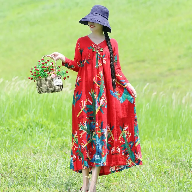 

Women Cotton Linen Casual Dress New Arrival 2021 Spring Arts Style Vintage V-neck Floral Print Loose Female Long Dresses D020