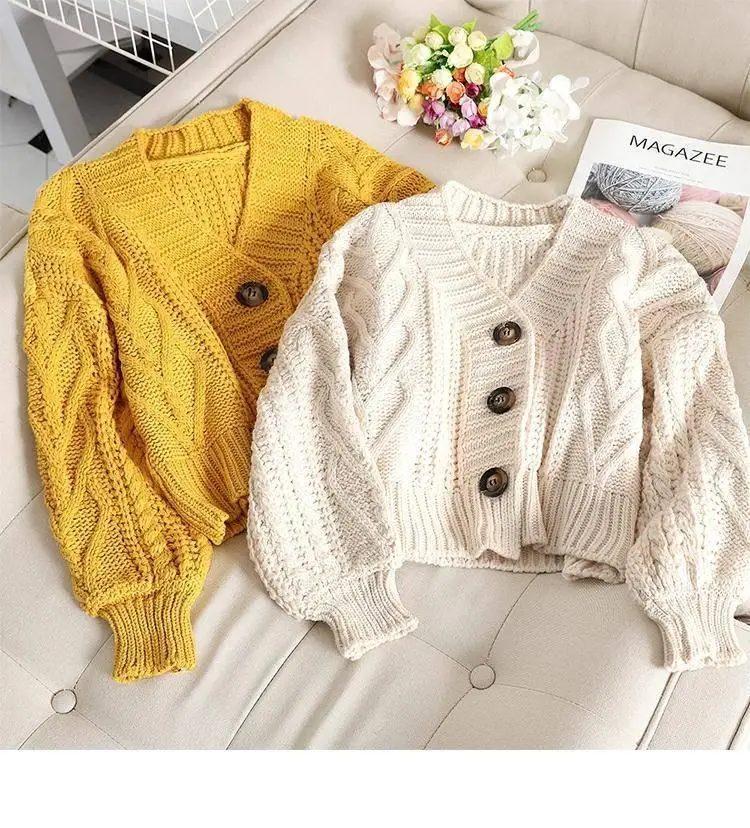 Женский короткий кардиган вязаный джемпер с длинным рукавом и V-образным вырезом