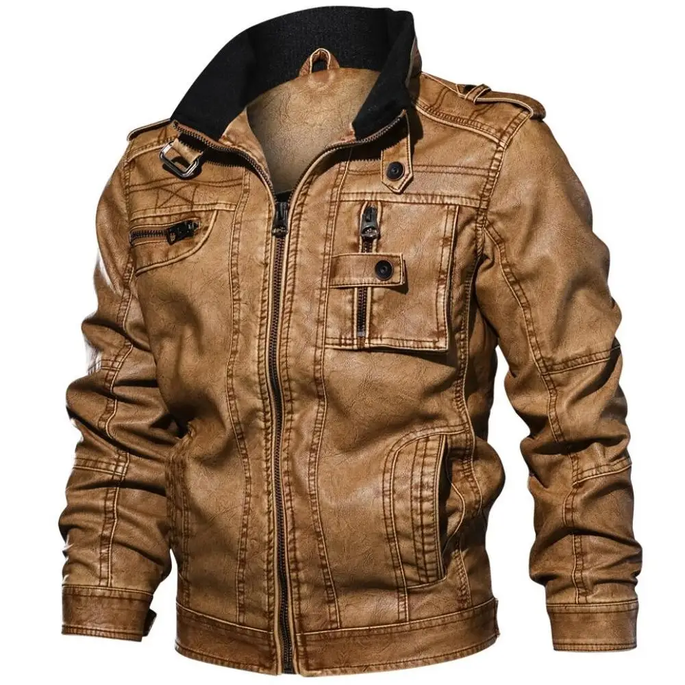 

European and American PU leather men's large size autumn and winter jacket casual washed leather jacket stand collar jacket 3D m