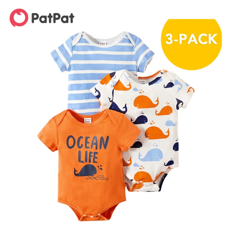 

PatPat New Arrival 2021 Summer 3-piece Whale Letter Striped Animal Bodysuits Set Baby Rompers Baby Clothing
