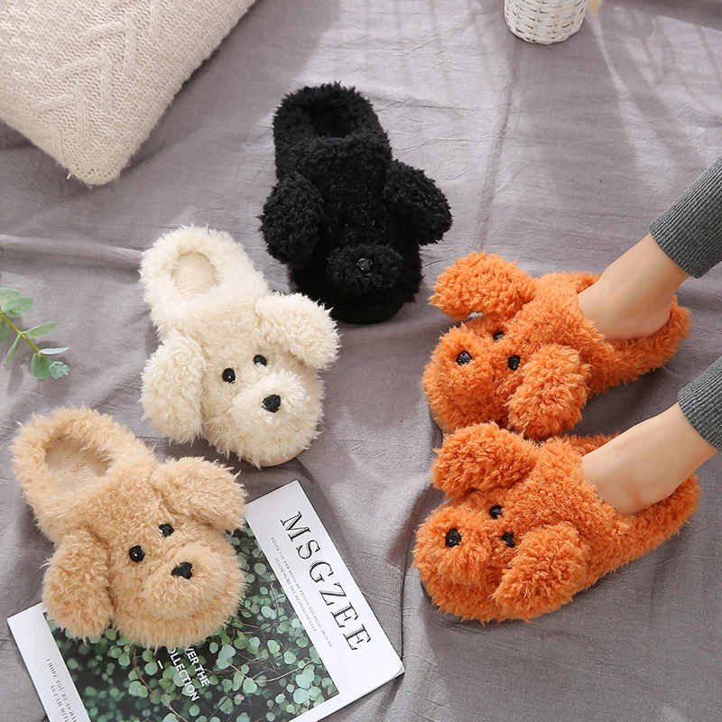 

New Fur Dog Slippers New 2020 High Quality Cute Cartoon Animal Women Winter Warm Plush Home Fluffy Slides Cotton House Shoes