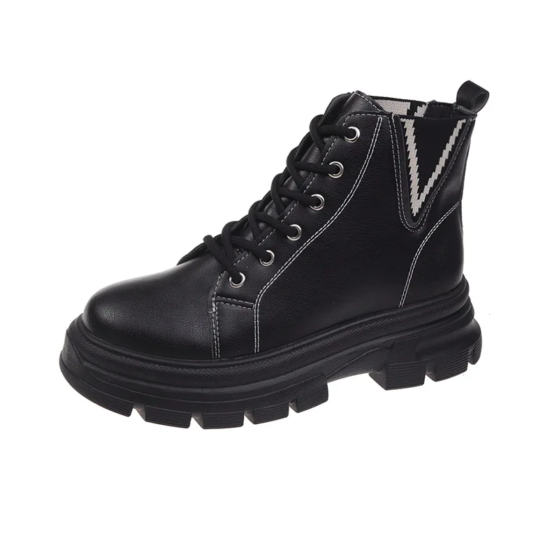 Leather Casual Shoes Martin Boots Women British Style Cozy Platform Motorcycle Boots Female Wear-resistant Black Ankle Botas