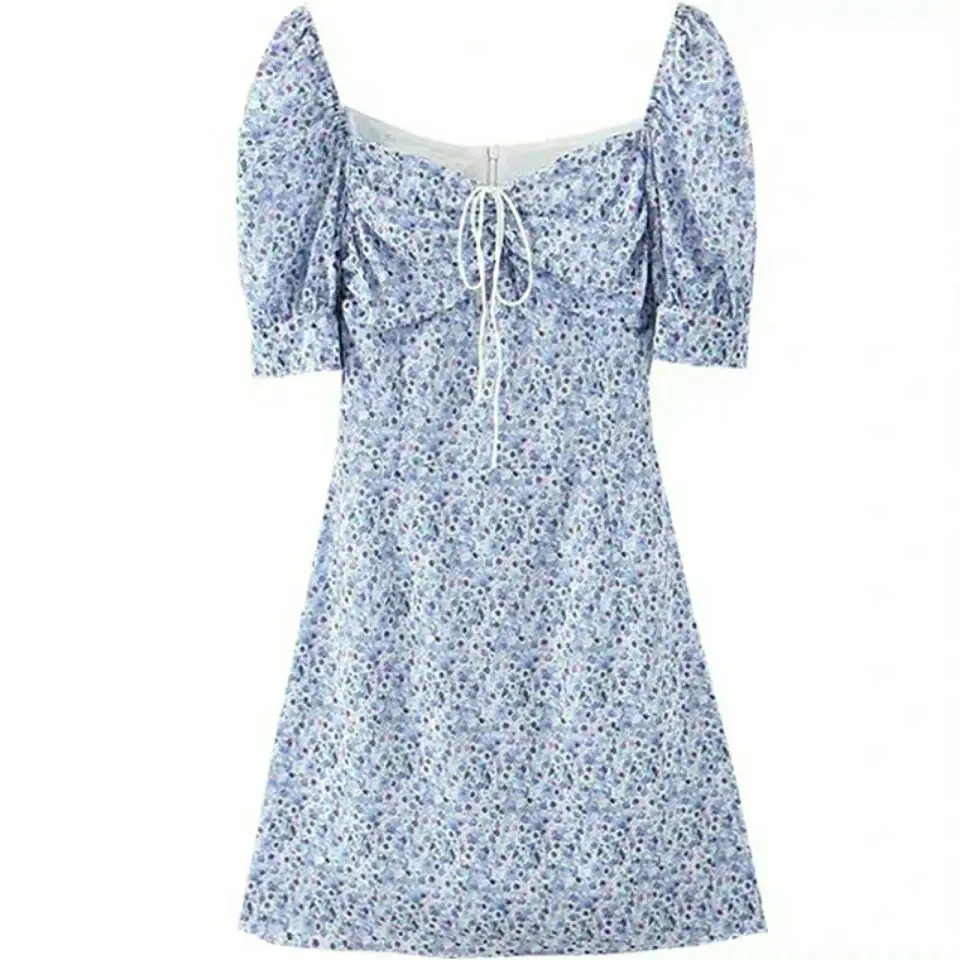 

Summer Retro Boho Tie Neck Floral Print Spaghetti Strap Dress Women Purple Blue Elegant Puff Sleeve Y2k Party Beach Light Dress