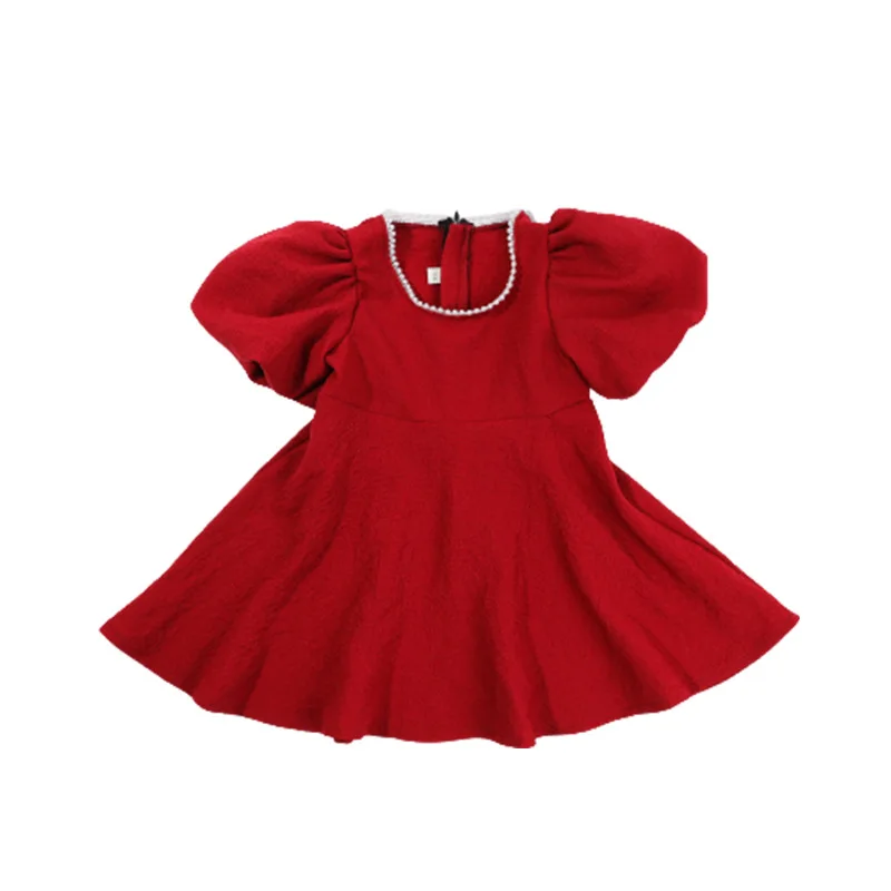 

Kids Dress Girls Puff sleeve solid pearls O-Neck Pincess Dress Summer Wedding Ceremony Birthday Girls Dress Baby Girl Clothes