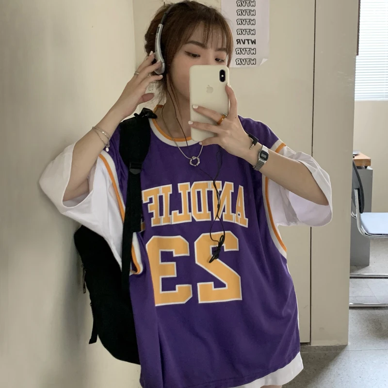 Женская футболка с коротким рукавом и имитацией баскетбола свободная Корейская