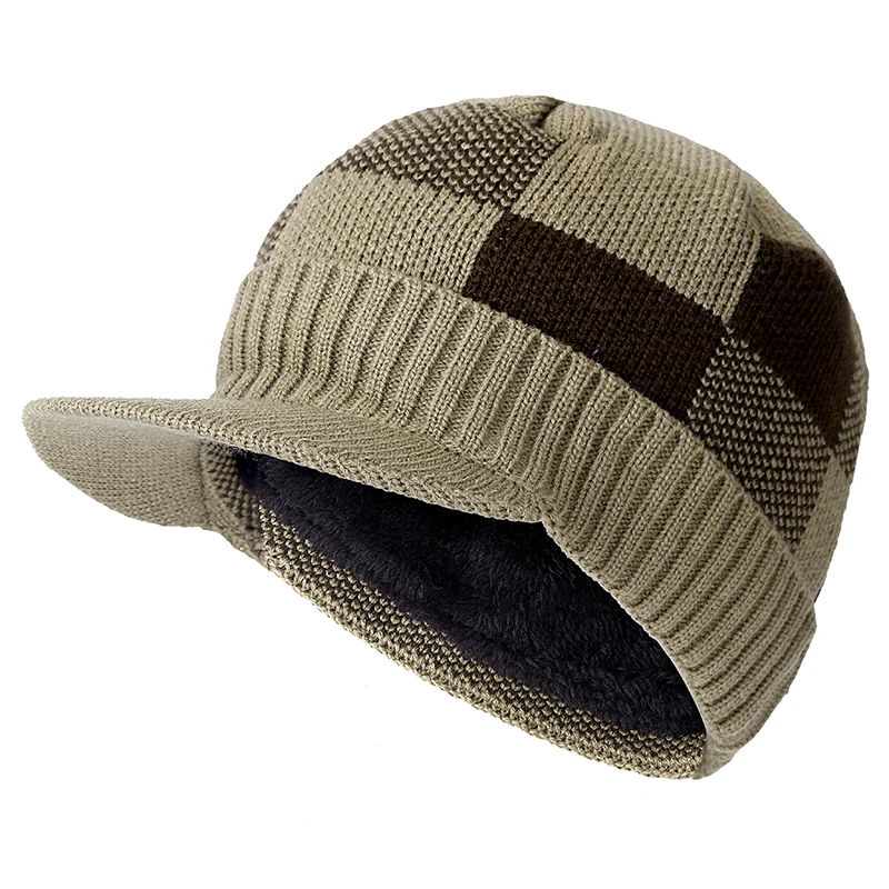 Высококачественные хлопковые зимние шапки с меховыми полями Skullies Beanies, шапка для мужчин и женщин, шерстяные шапки, маска Gorras Bonnet, вязаная шапка - Цвет: khaki