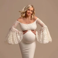 white trumpet sleeves maternity dresses for photo shoot lacecotton pregnant women ruffles maxi gowns photography props clothing