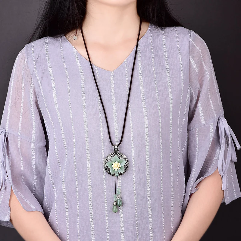 

Chinese Necklace For Women Handmade Natural stone Long Tassel Necklace Alloy jewelry Ethnic For Best friend gift Jewelry