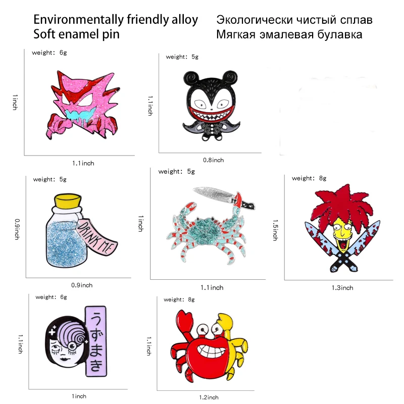 

QIHE JEWELRY Cartoon enamel pins Japanese ghost girl Wishing bottle Demon Crab brooches badges Wholesale pins Gifts for friends