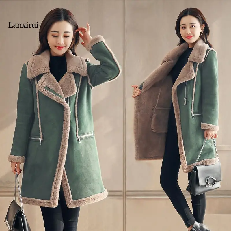 

Winter Women Suede Trench Coat Lambswool Coats Fashion Plus Velvet Casual Overcoat Female Warm Thick Outerwear