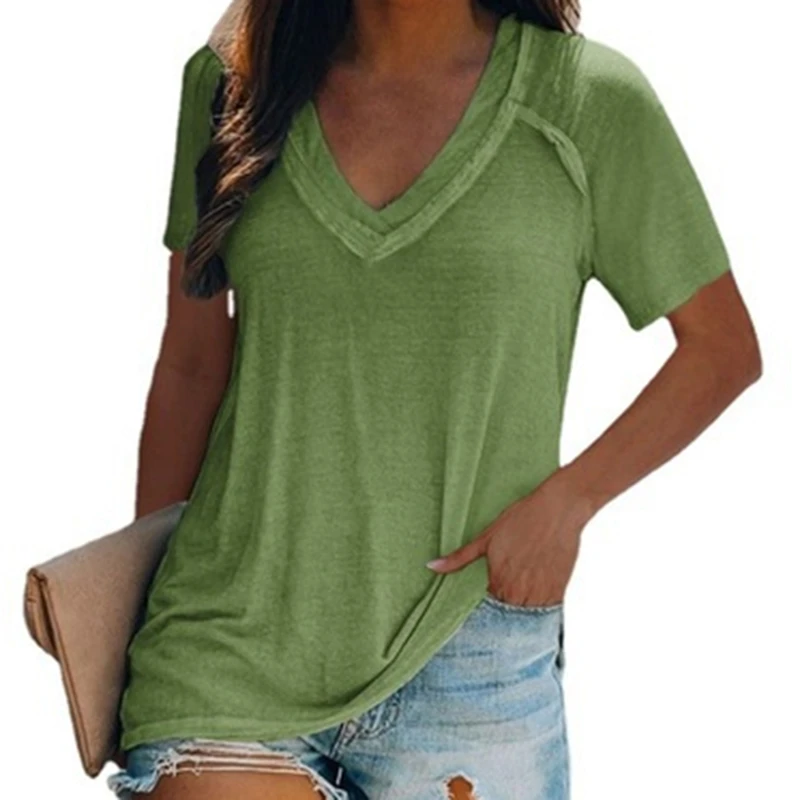 

2021 Fashion New Women T-Shirt Elegant Solid Color Ladies Tee Casual V-Neck Short Sleeve Female Tops