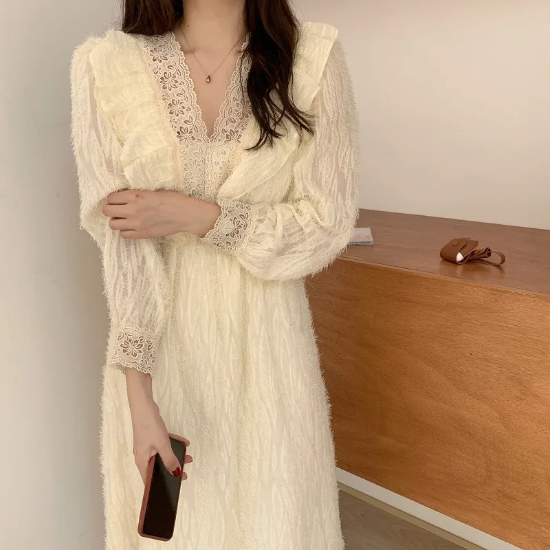 

Korean Style White Vintage Lace Embroidery Dresses Party A-Line Loose Winter Long Sleeve Spring 2021 Fairy Elegant Dress Women