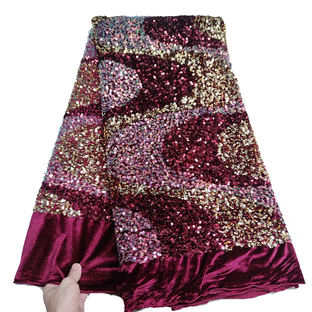 

New Design Nigerian Velvet Sequins Lace Fabric High Quality Velvet Embroidered Sequins Lace Sewing Women Dress