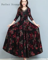 2021 autumn new arrival high quality hot sale v collar lacing flower printed long sleeve women long dress