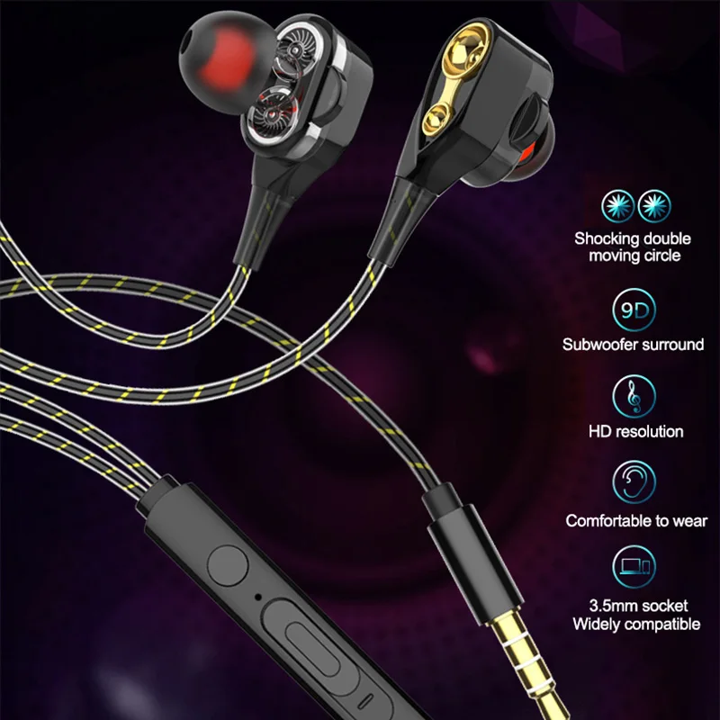 High Bass Wired Earphone Dual Drive Stereo In-Ear Earphones With Microphone Computer Earbuds For Cell Phone | Электроника