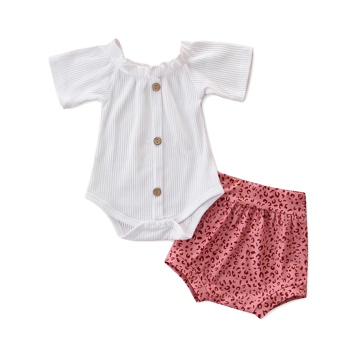 

2Pcs Fashionable Baby Girls Outfits Summer Breathable Solid Color Short Sleeve Button Romper Casual Leopard Print Shorts Set