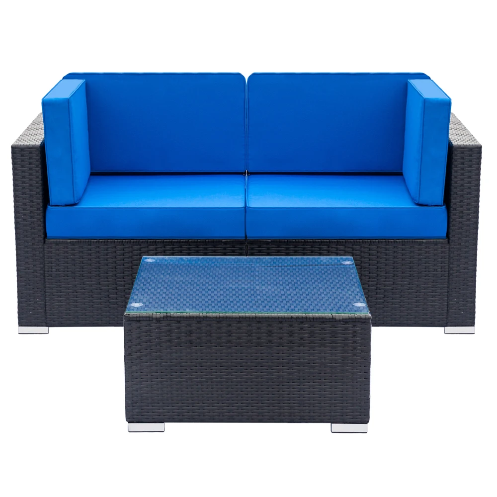 

【USA READY STOCK】Equipped Weaving Rattan Sofa Set with 2pcs Corner Sofas & 1 pcs Coffee Table Black used in living room