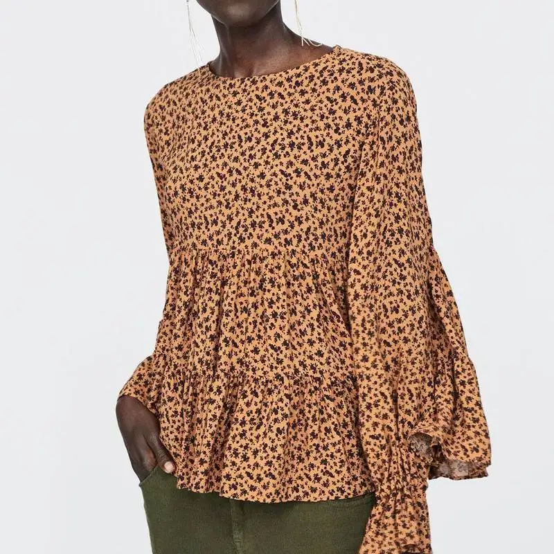 Женская блузка с цветочным принтом ZA свободная рубашка длинным рукавом и круглым