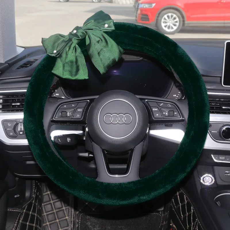 Green Car Accessories Interior Woman Steering Wheel Cover 38cm Bowknot Flower Winter Auto Decor Plush Luxury Emerald Series Green Car Accessories Interior Woman Steering Wheel Cover 38cm Bowknot Flower Winter Auto Decor Plush Luxury Emerald Series